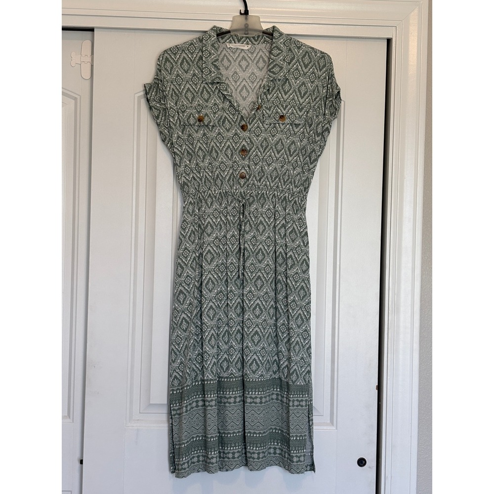 Lucky Brand Green White Geometric Rayon Shirt Dress Midi Pockets M
